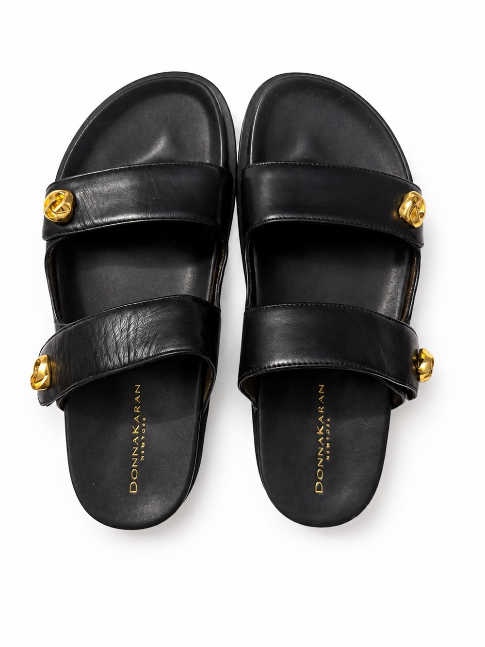 Donna Karan Hazley Slide Black Leather Double Buckle Sandals Size 8